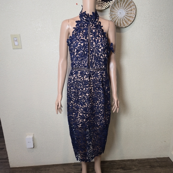 Lulus Divine Destiny Navy Blue Lace Midi Dress Halter Wedding Party M/L - Picture 6 of 10